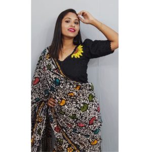 Black Hakoba With Sunflower Hand Embroidery With Lace Blouse