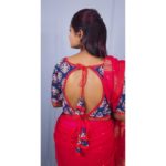 blue ajrakh with red lace backless blouse