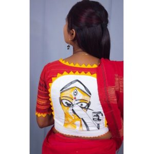 red designer khadi with embroidery blouse
