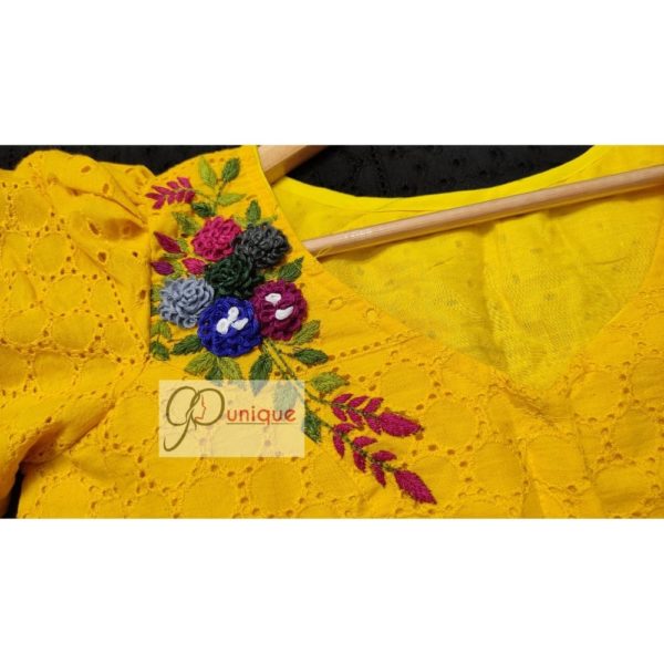yellow hakoba with hand embroidary with puff sleeves blouse desine4