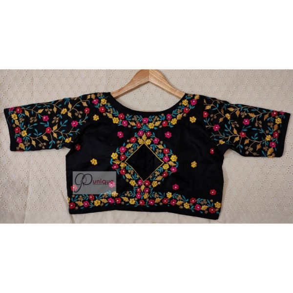 black flower motif aari embroidery blouse design2