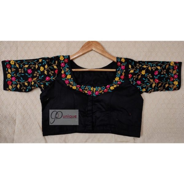 black flower motif aari embroidery blouse design3