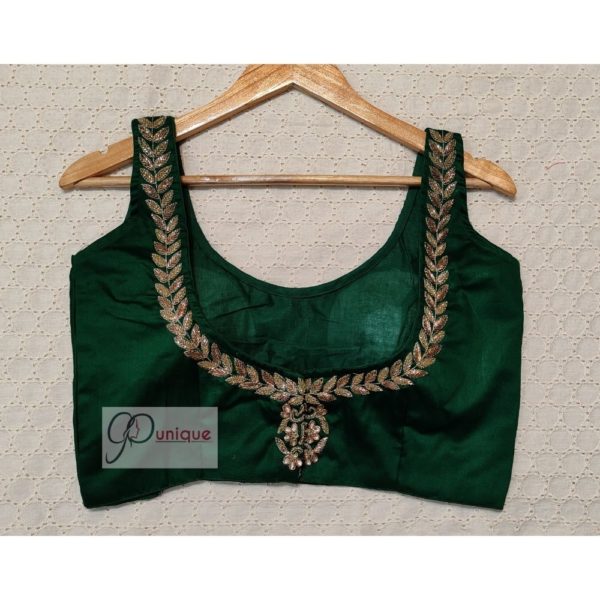 bottol green colour sleeveless maggam work blouse4