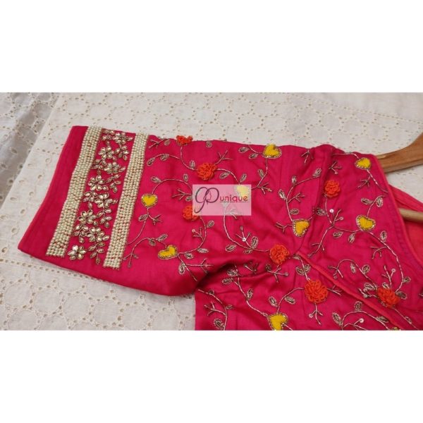 pink floral motif maggam blouse design2