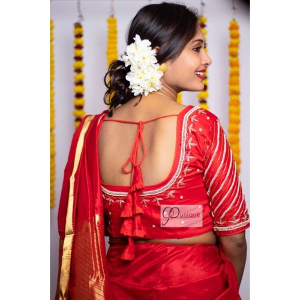 red body golden beads with white pearl maggam work blouse4
