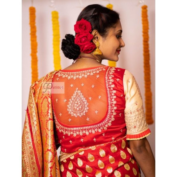 red tussar golden kalka design aari work blouse1