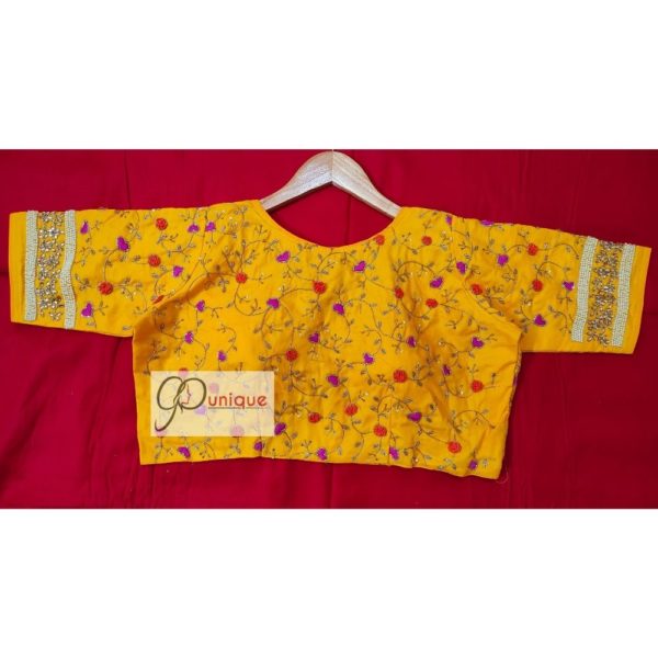 yellow floral motif maggam blouse design1