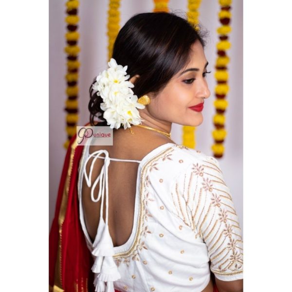 white body golden beads with white pearl maggam work blouse2