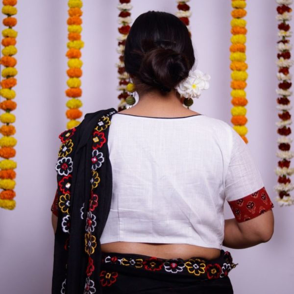 white khadi with reddish brown ajrak blouse2
