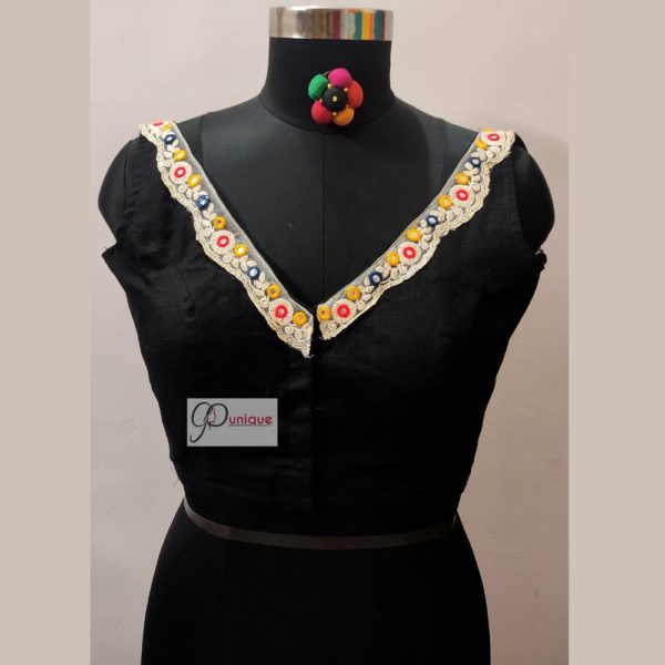 black khadi with multicolors work handmade lace blouse