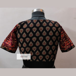 red and blue ajrak katha stitch croptop blouse design