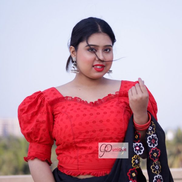 Peach Curve V Neckline Hakoba Blouse with Puff Sleeves