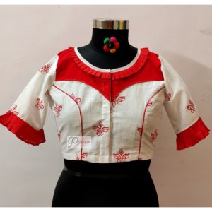 red white cotton embroidery blouse design with frills
