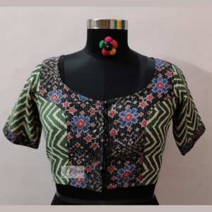 black and green ajrak katha stich blouse design