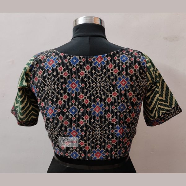 black and green ajrak katha stich blouse design1