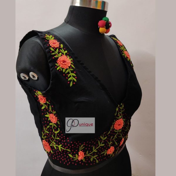 black hand embroidery (aari work) sleeveless blouse design1