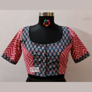 blue and pink ajrak katha stich blouse design