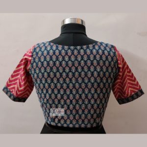 blue and pink ajrak katha stich blouse design1
