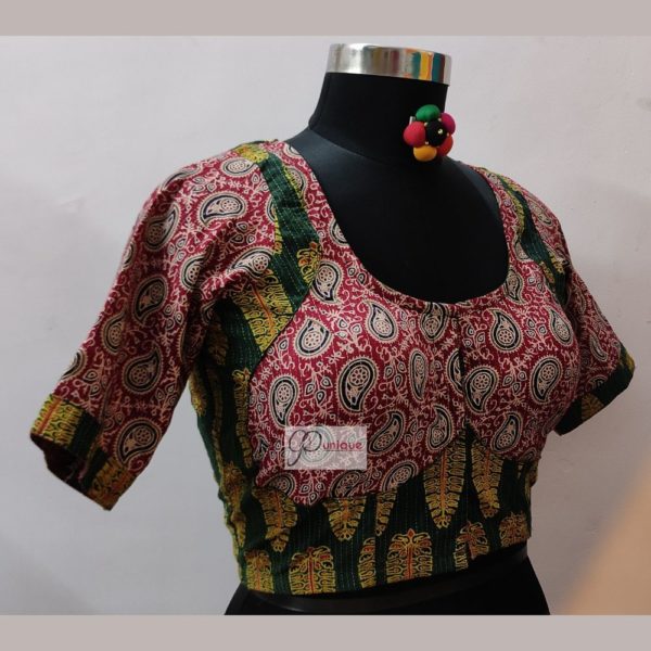 gerrn and red ajrak katha stich blouse design1