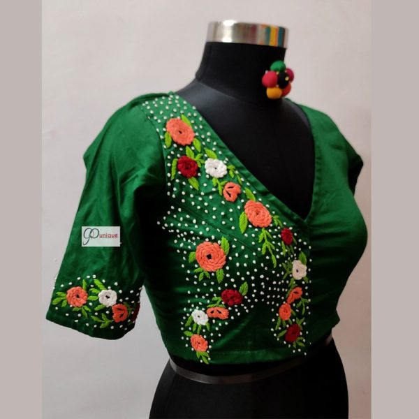 green hand embroidery (aari work) glass sleeves blouse design1