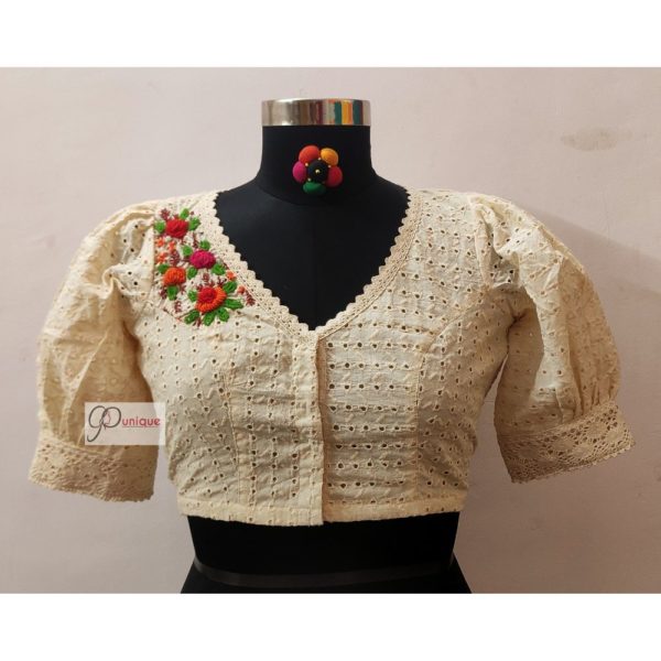 off white hakoba with hand embroidery with puff sleeves blouse design