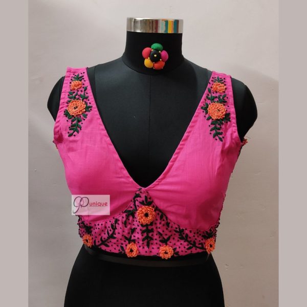 pink hand embroidery (aari work) sleeveless blouse design