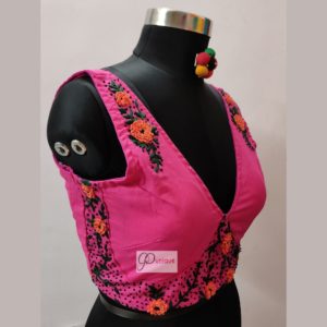 pink hand embroidery (aari work) sleeveless blouse design1