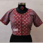 red and blue ajrak katha stich croptop blouse design