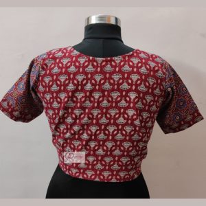 red and blue ajrak katha stich croptop blouse design1