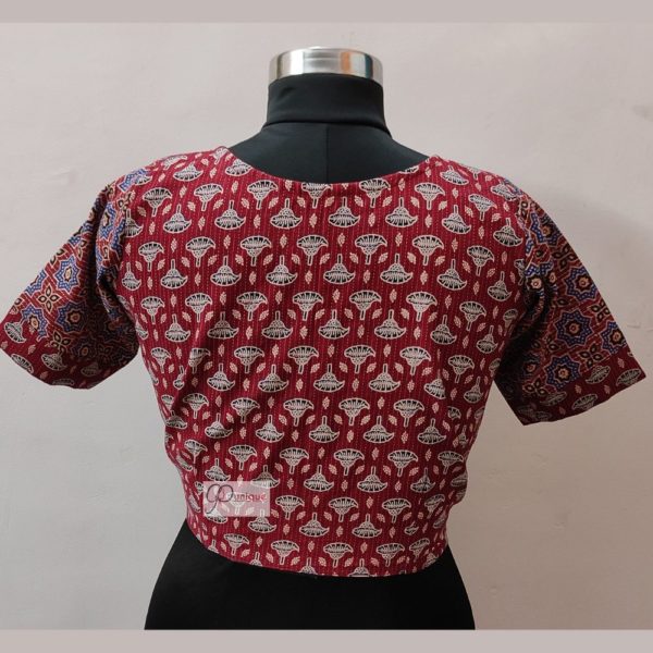 red and blue ajrak katha stich croptop blouse design1
