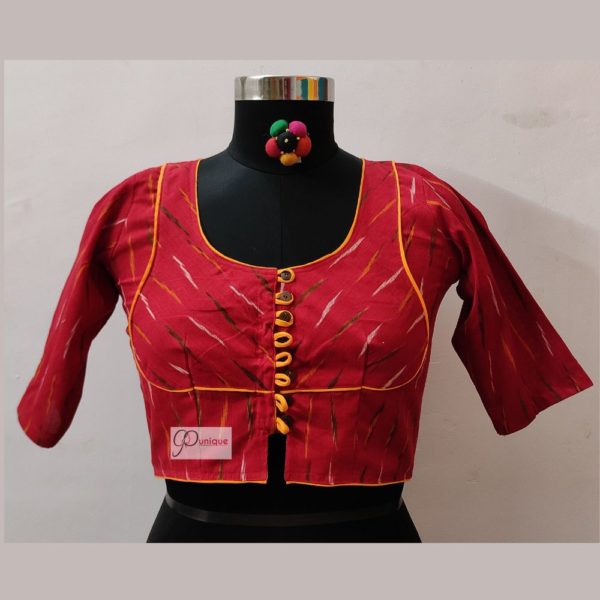 red multicolours ikkat blouse design