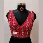 reddish brown and white katha stich 'v' neck blouse design