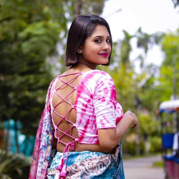 white and magenta tie and dye backless blouse